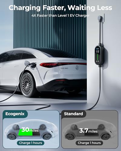 Ecogenix Level 2 EV Charger (32Amp, 220V-240V), Adjustable Current/Delay Charging Portable Home/Outdoor EVSE, Fit for All SAE J1772 EVs