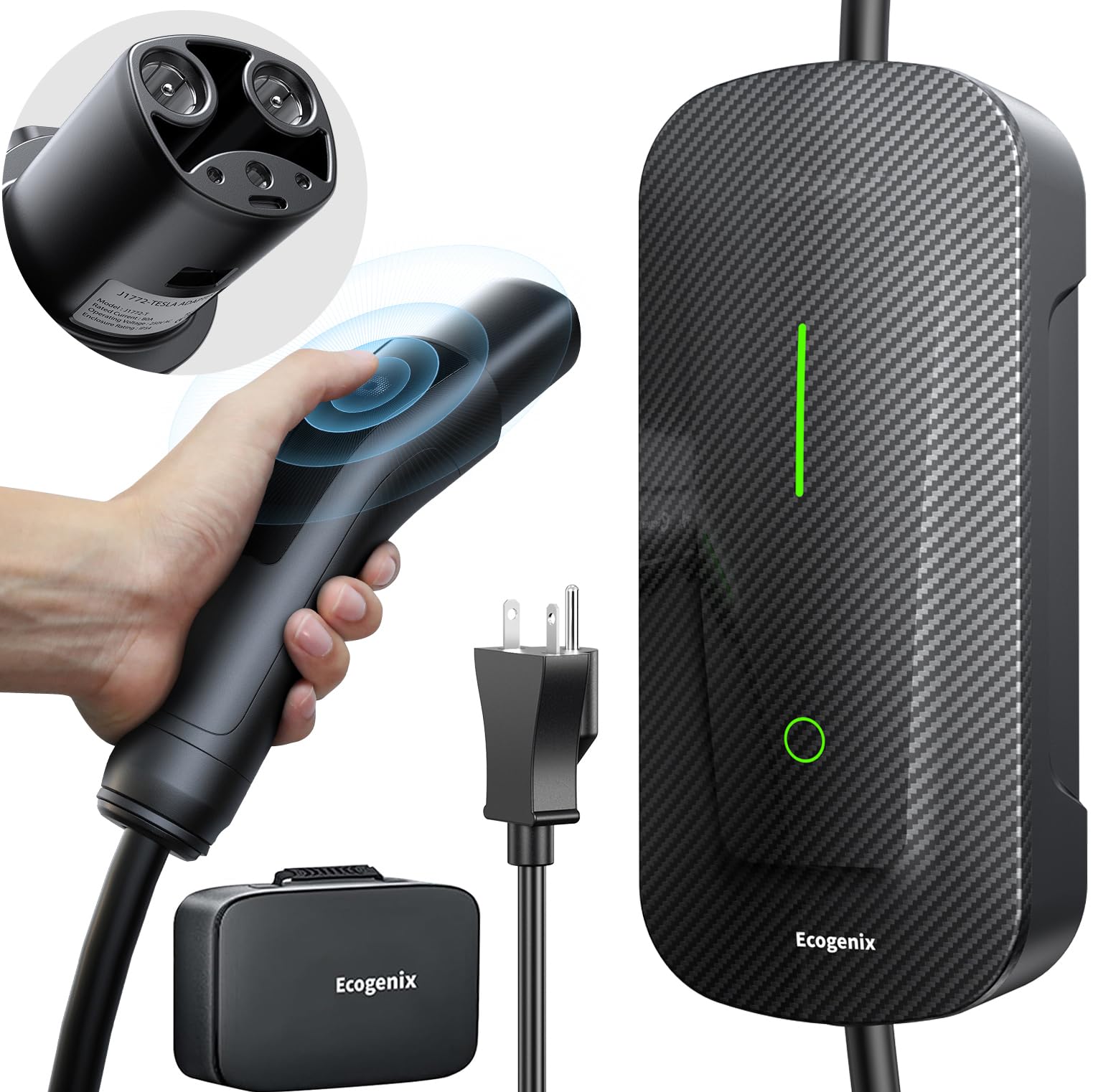 Ecogenix Tesla Charger Level 1&2  (16Amp, Wireless Control, 25FT Cable)  Mobile EV Charger with Tesla Connector, NEMA 5-15 & NEMA 6-20 Plug, For Tesla Model Y 3 X S Cybertruck, Tesla Accessories 2024