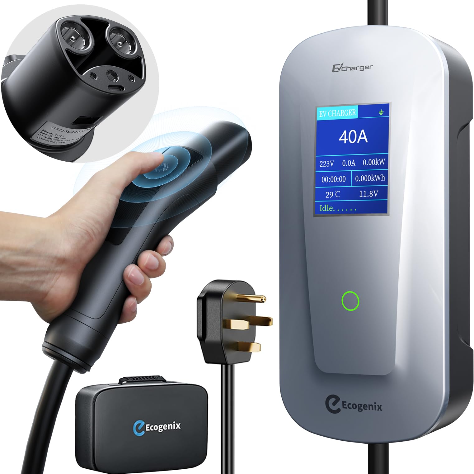 Ecogenix Tesla Charger Level 2 (40 Amp, NEMA 14-50P) Fast, Adjustable Current/Timed Charging with 25ft Cable, Tesla Mobile Charger for Model Y/3/X/S/Cybertruck, Outdoor and Home Tesla charger