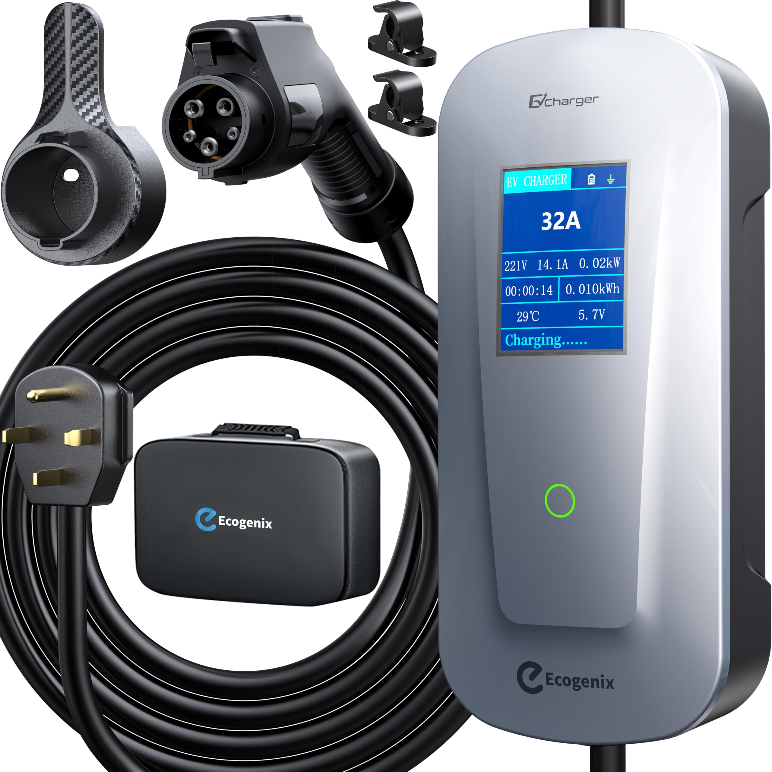 Ecogenix Newest Level 2 EV Charger (32Amp, 240V, NEMA 14-50P) Portable Fast Charger with 25 ft Cable and Holder, Scheduled Charging, Works with All J1772 EVs and Hybrid Vehicles, for Home and Outdoor