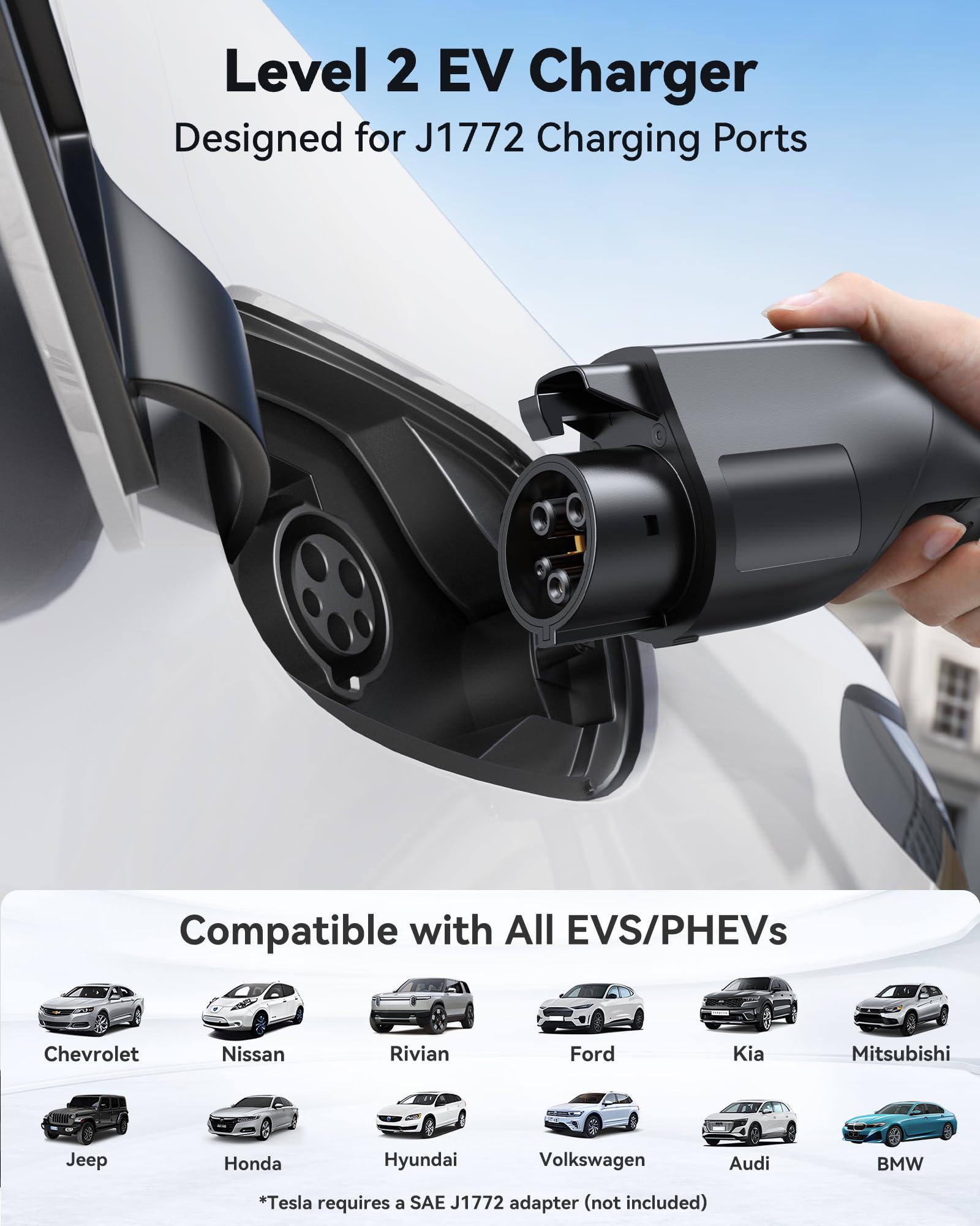 Ecogenix Newest Level 2 EV Charger (32Amp, 240V, NEMA 14-50P) Portable Fast Charger with 25 ft Cable and Holder, Scheduled Charging, Works with All J1772 EVs and Hybrid Vehicles, for Home and Outdoor